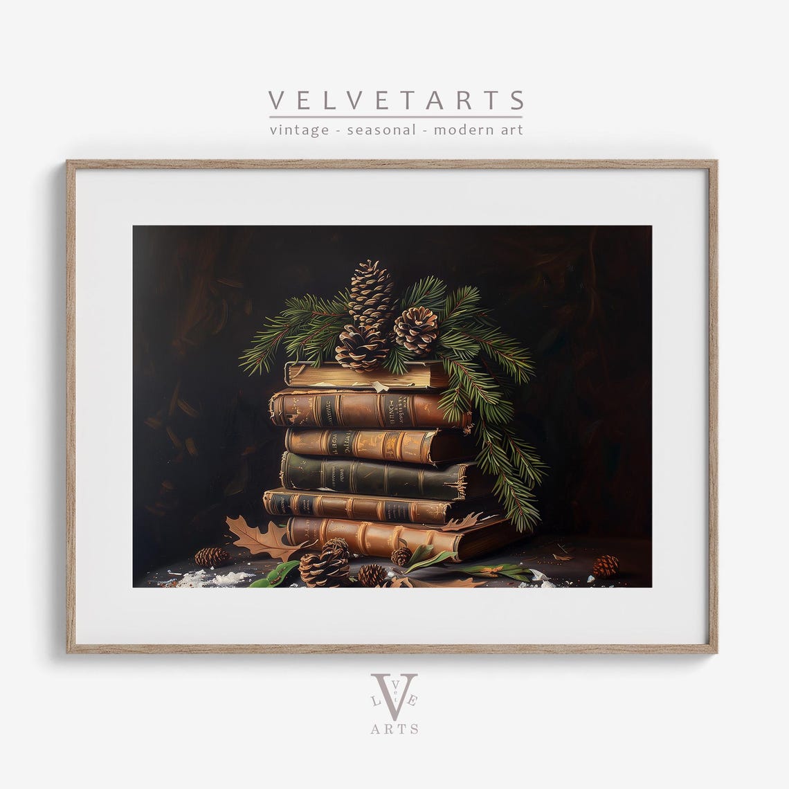 Antique Books Stack Pine Cones Winter Vintage Christmas Wall Art Print