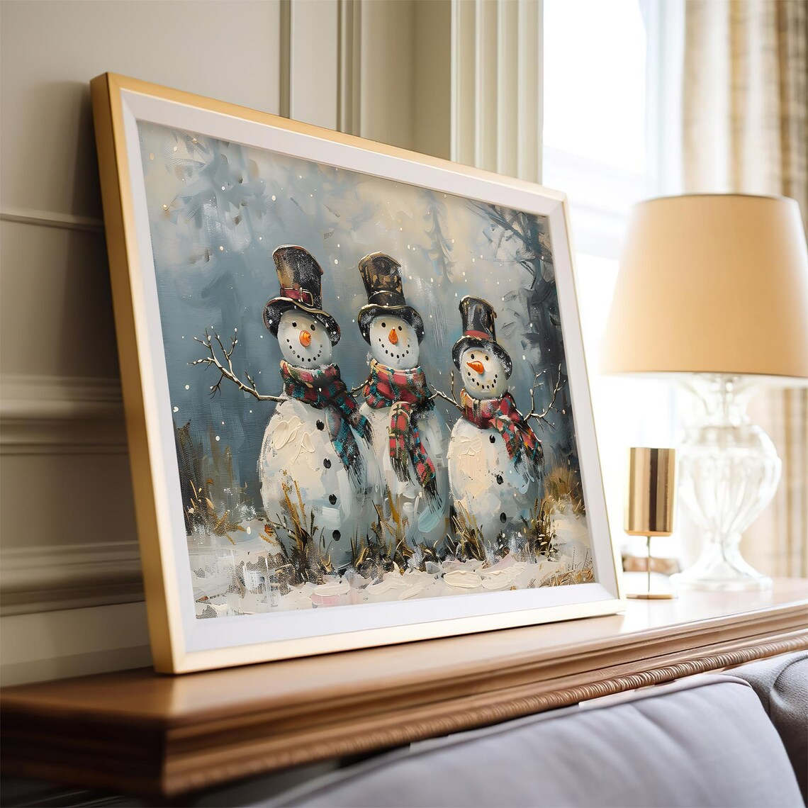 Dapper Snowmen With Top Hats and Tartan Scarves Winter Wall Art