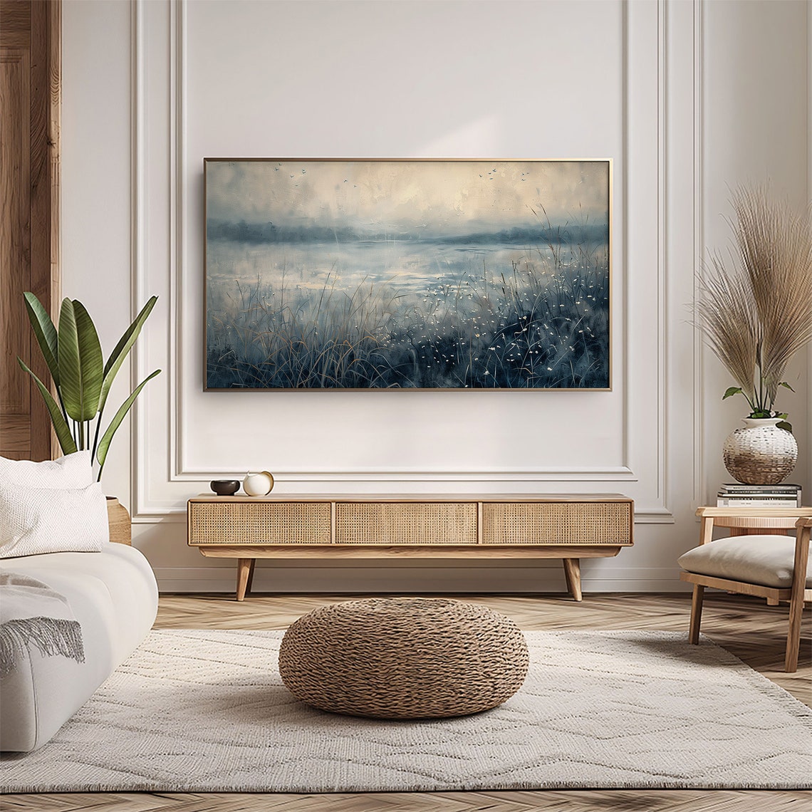 Misty Lake Dawn Wildflower Meadow Vintage Landscape Painting Wall Art - Image 5
