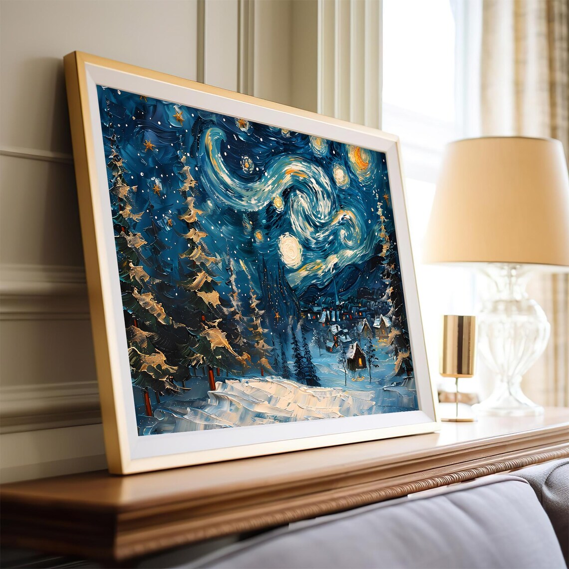 Swirling Starry Night Village Winter Snow Impasto Style Wall Art Print - Image 4