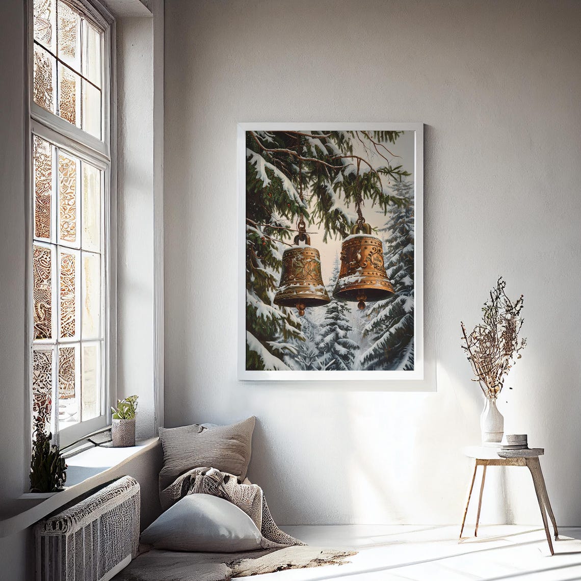 Antique Bronze Christmas Bells Hanging on Snowy Pine Branches Poster - Image 2