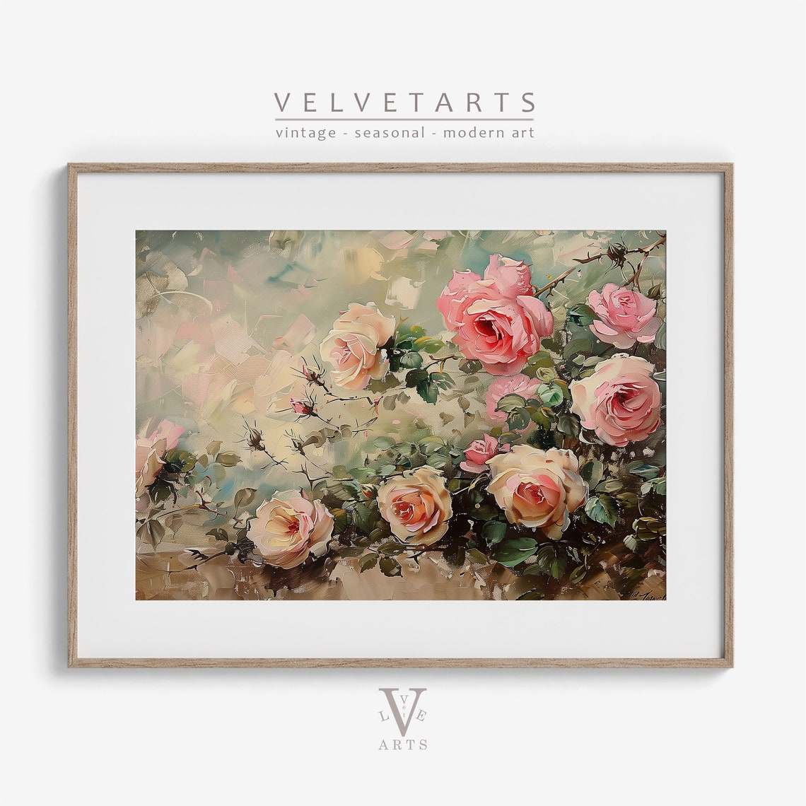 Summer Blooming Rose Bush Vintage Floral Oil Painting Wall Art