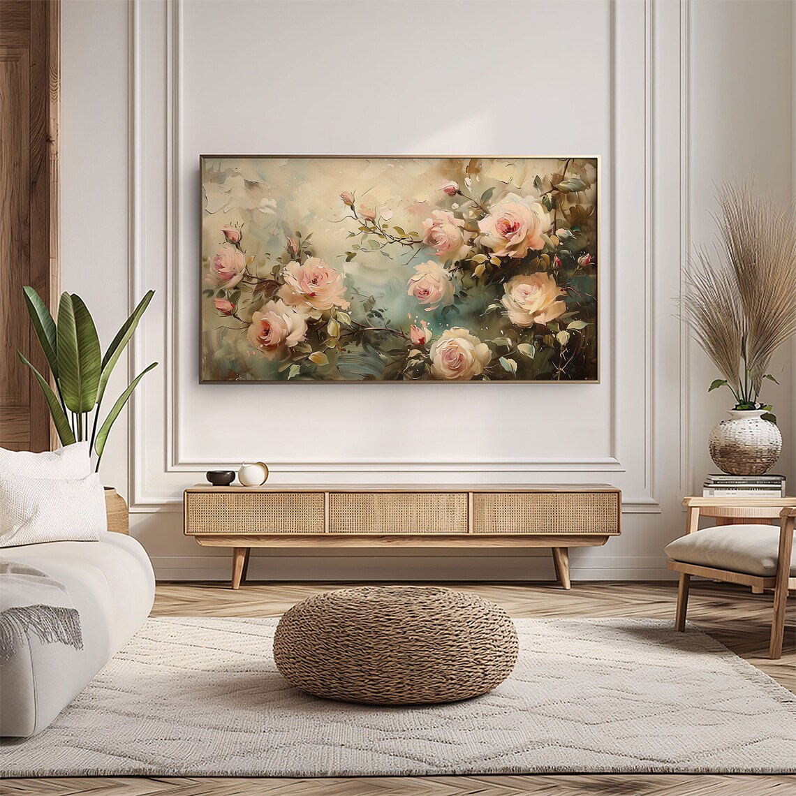 Blush Pink Garden Roses Impressionist Floral Painting Neutral Wall Art - Image 5