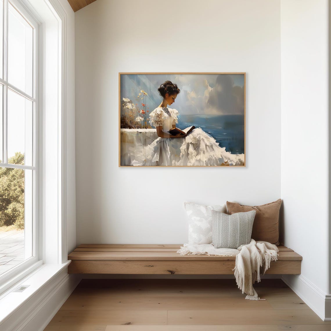 Woman In White Dress Reading Vintage Painting Neutral Antique Painting Farmhouse Art Vp0160 - Image 3