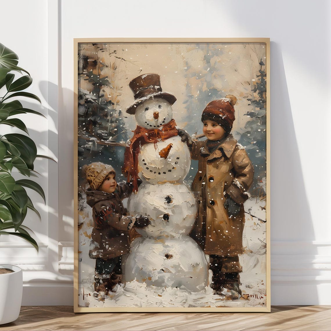 Children Building a Snowman With Top Hat in Falling Snow Poster - Image 5