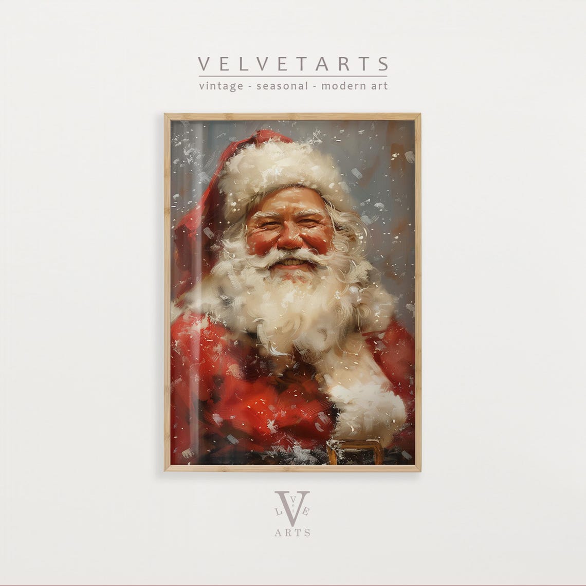 Smiling Santa Claus Portrait in Snowy Red Coat Christmas Poster