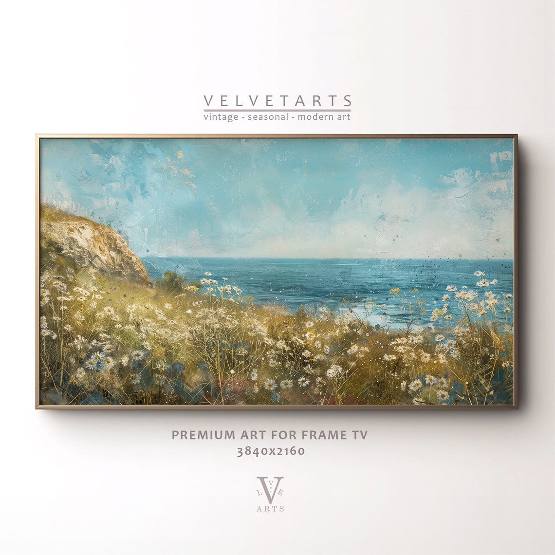 Coastal Daisies Meadow Cliff Overlooking Blue Sea Painting Poster