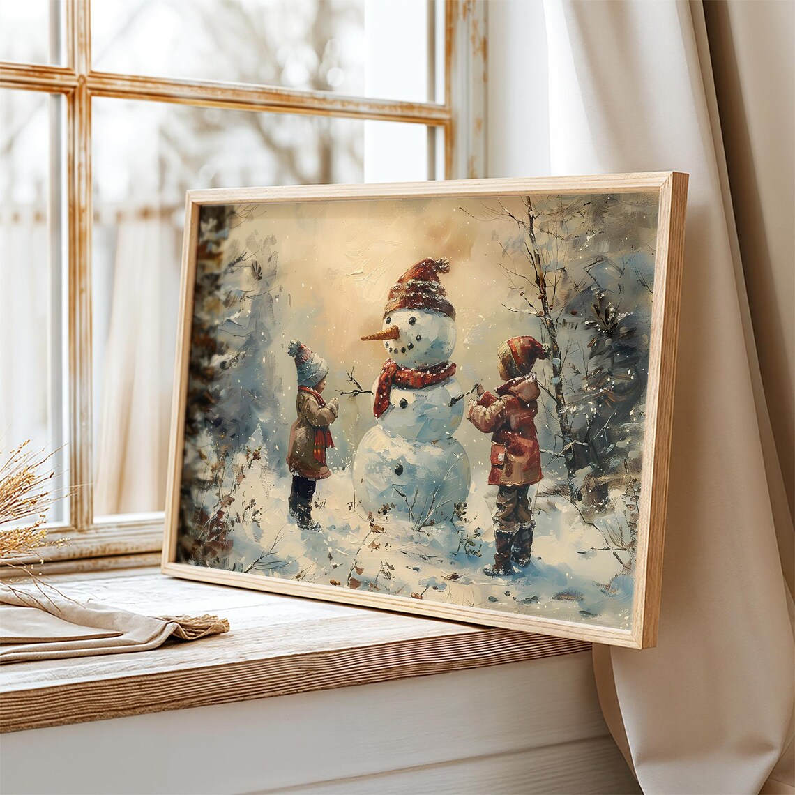 Two Children Building a Snowman in Golden Snowfall Art Poster - Image 2