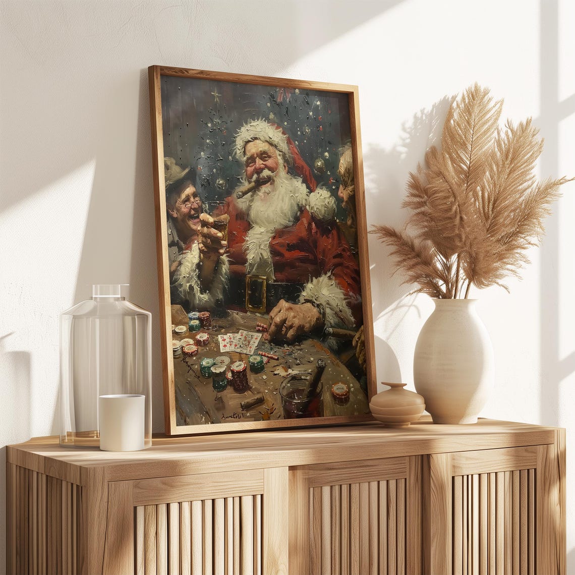 Santa Claus Playing Poker With Friends Funny Vintage Style Wall Art - Image 3