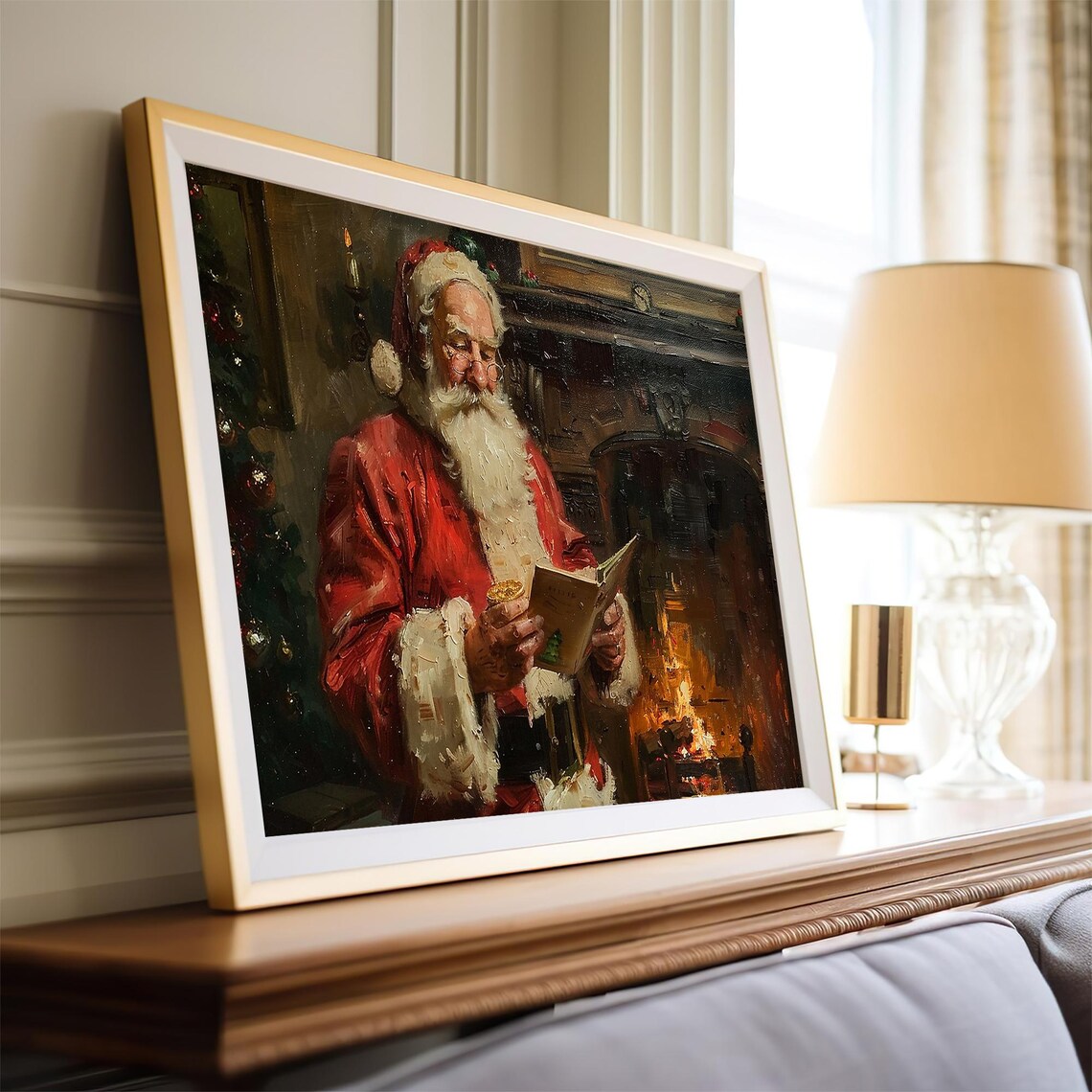 Santa Claus Reading His Letter by the Fireplace Christmas Poster