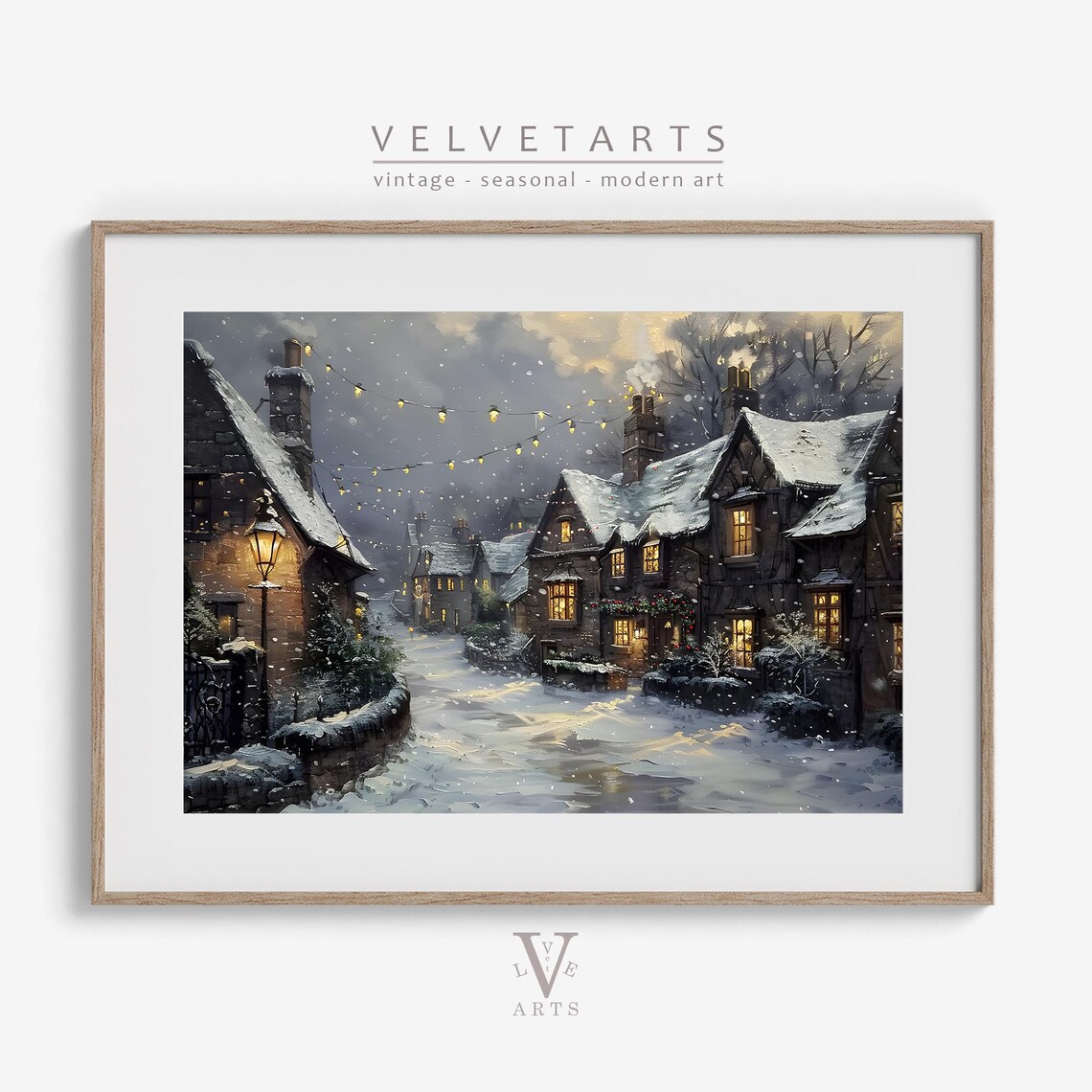 Snowy Village Street Night Glowing Windows Cottage Wall Art Poster