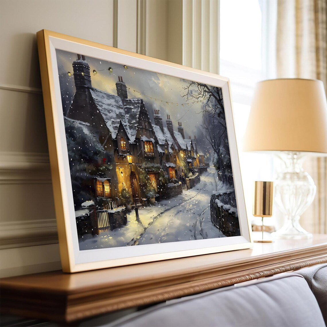Snowy Cottage Street Night Lights Vintage Christmas Wall Art Poster - Image 4