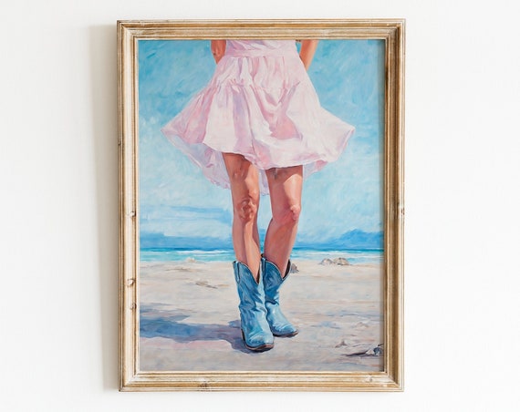 Cowgirl Boots Print, Retro Western Coastal Decor