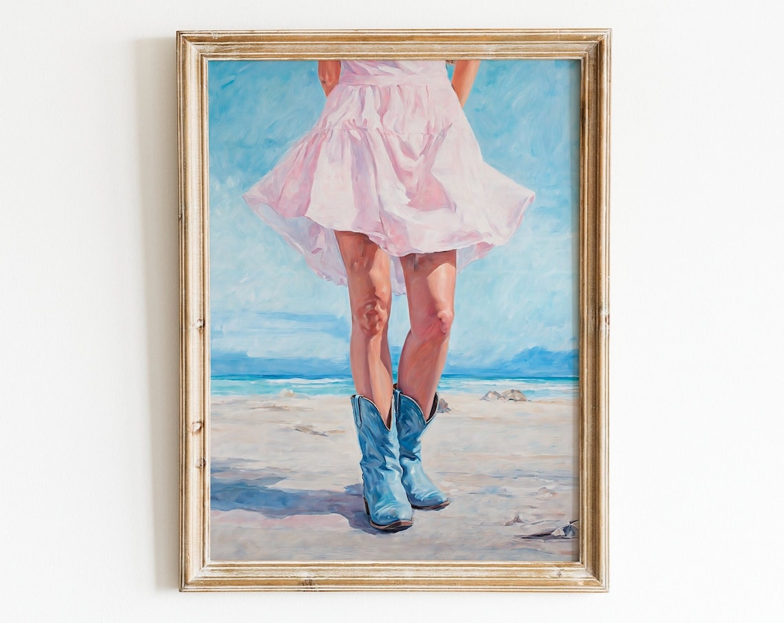 Cowgirl Boots Print, Retro Western Coastal Decor
