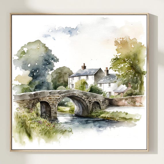 Watercolour Painting Country Village River Bridge Square Print Home Decor Gift Rb