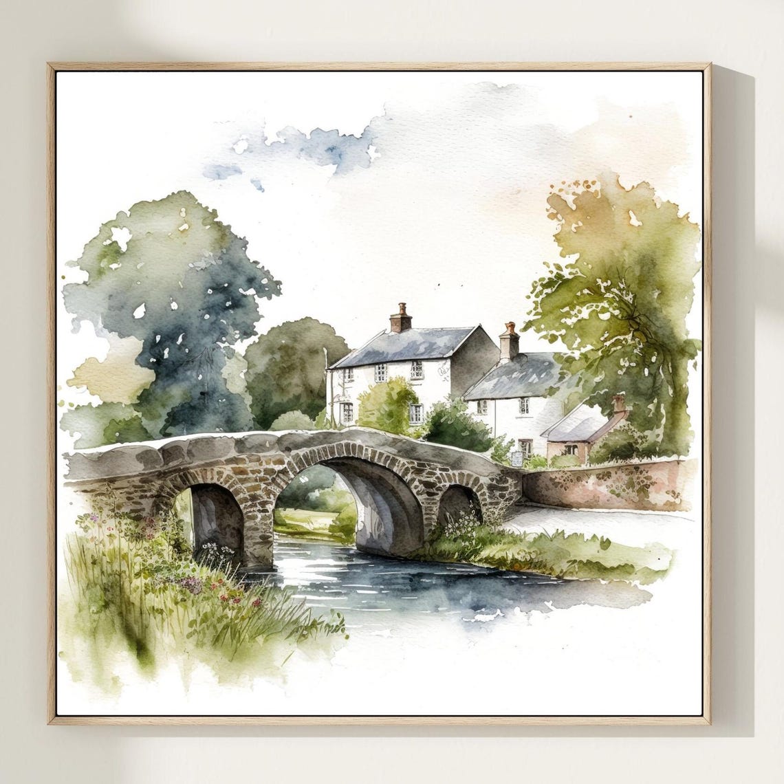Country Village Stone Bridge River Soft Watercolor Landscape Print