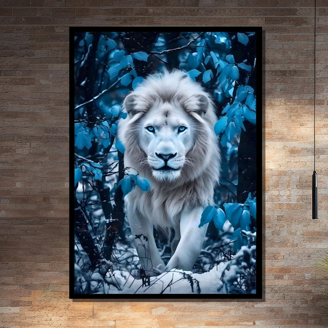 White Lion In Blue Forest Art Print