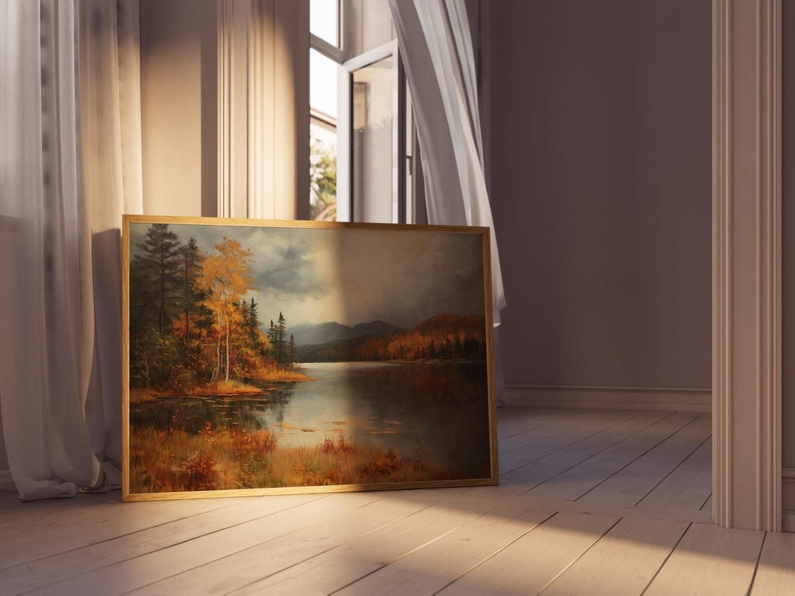 Moody Vintage Fall Lake Landscape with Golden Birch Trees Poster - Image 5