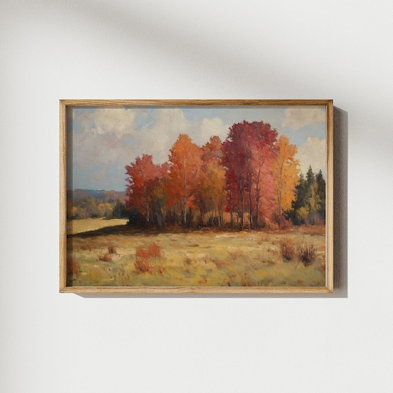 Rustic Autumn Meadow with Crimson Trees Under Cloudy Sky Print