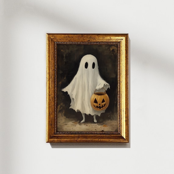 Cute Ghost Holding Jack O Lantern Vintage Halloween Painting Poster