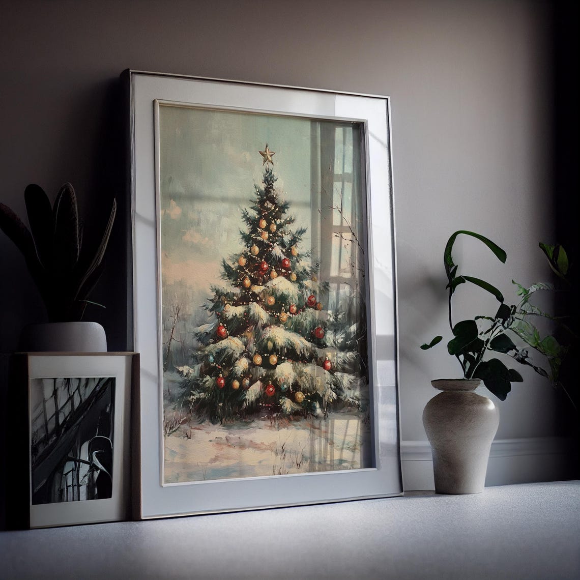 Vintage Christmas Tree Oil Painting Snowy Branches Holiday Wall Poster - Image 3