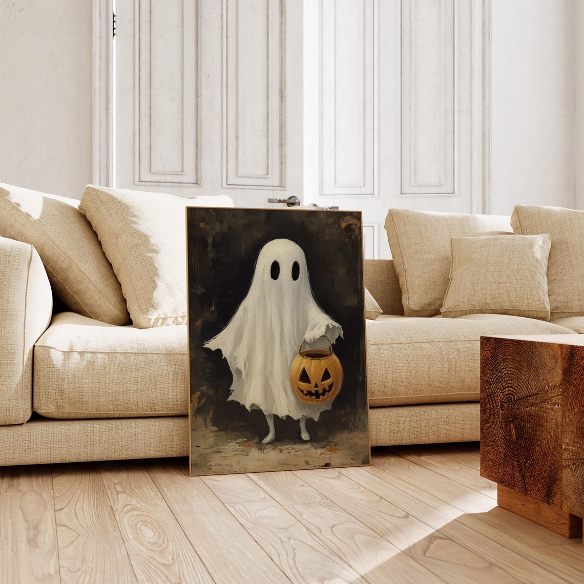 Cute Ghost Holding Jack O Lantern Painting Spooky Halloween Home Decor Dark Academia Art - Image 2