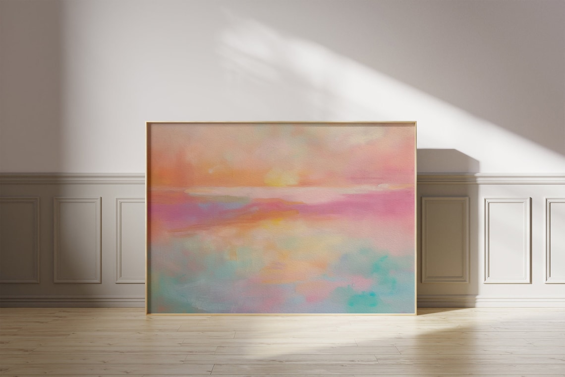 Pastel Sunset Lake Landscape Art Print, Summer Decor