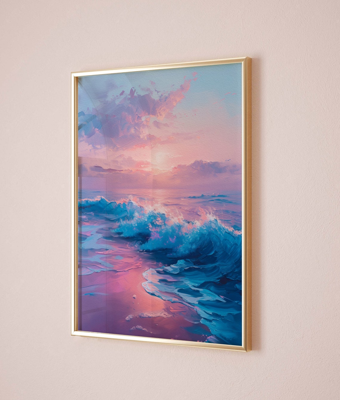 Pastel Pink Sunset Ocean Waves Impressionist Beach Painting Poster - Image 4