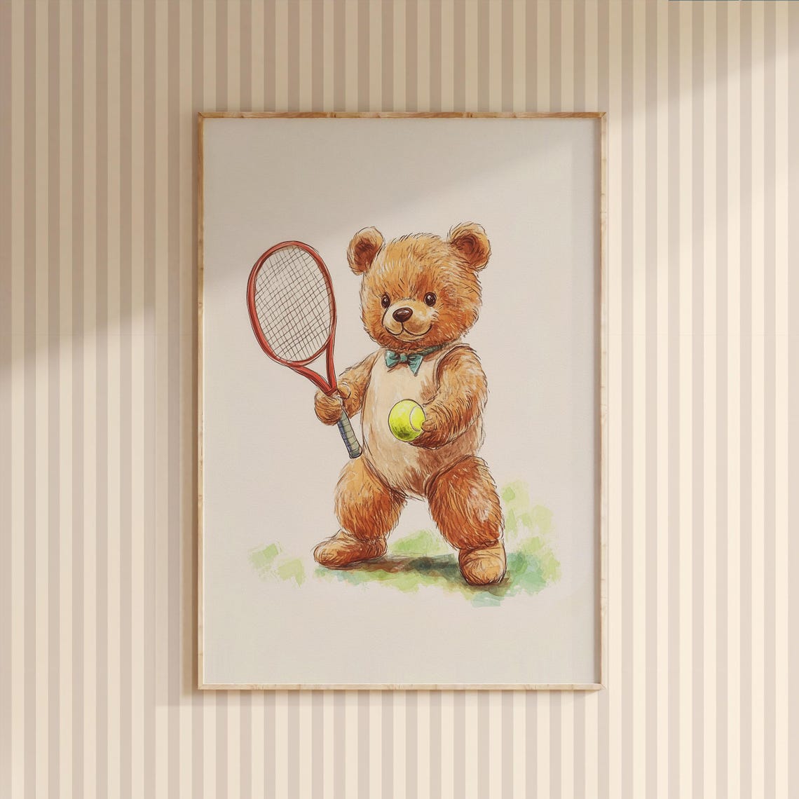 Nursery Teddy Bear Tennis Print Kids Room Wall Decor Sports Children Room Wall Art Toddler Tennis Artwork Baby Room Art