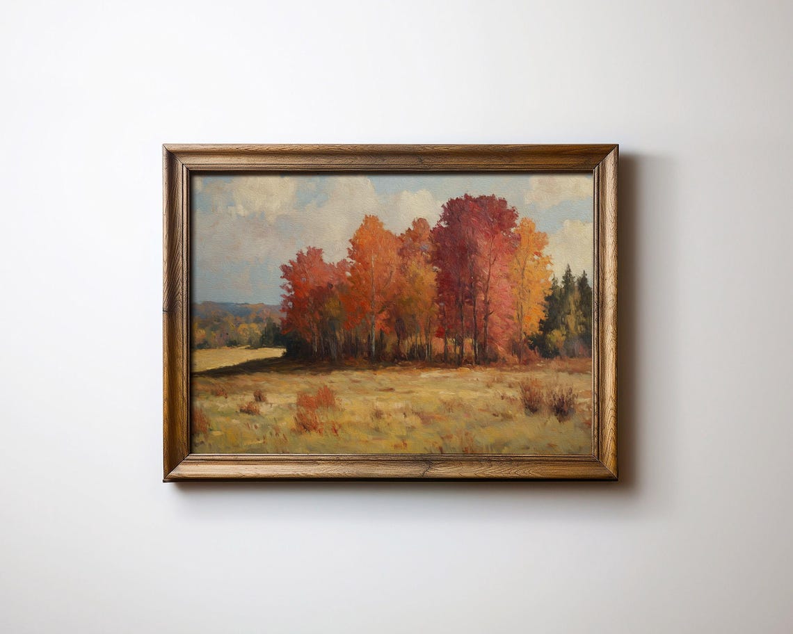 Rustic Autumn Meadow with Crimson Trees Under Cloudy Sky Print - Image 2