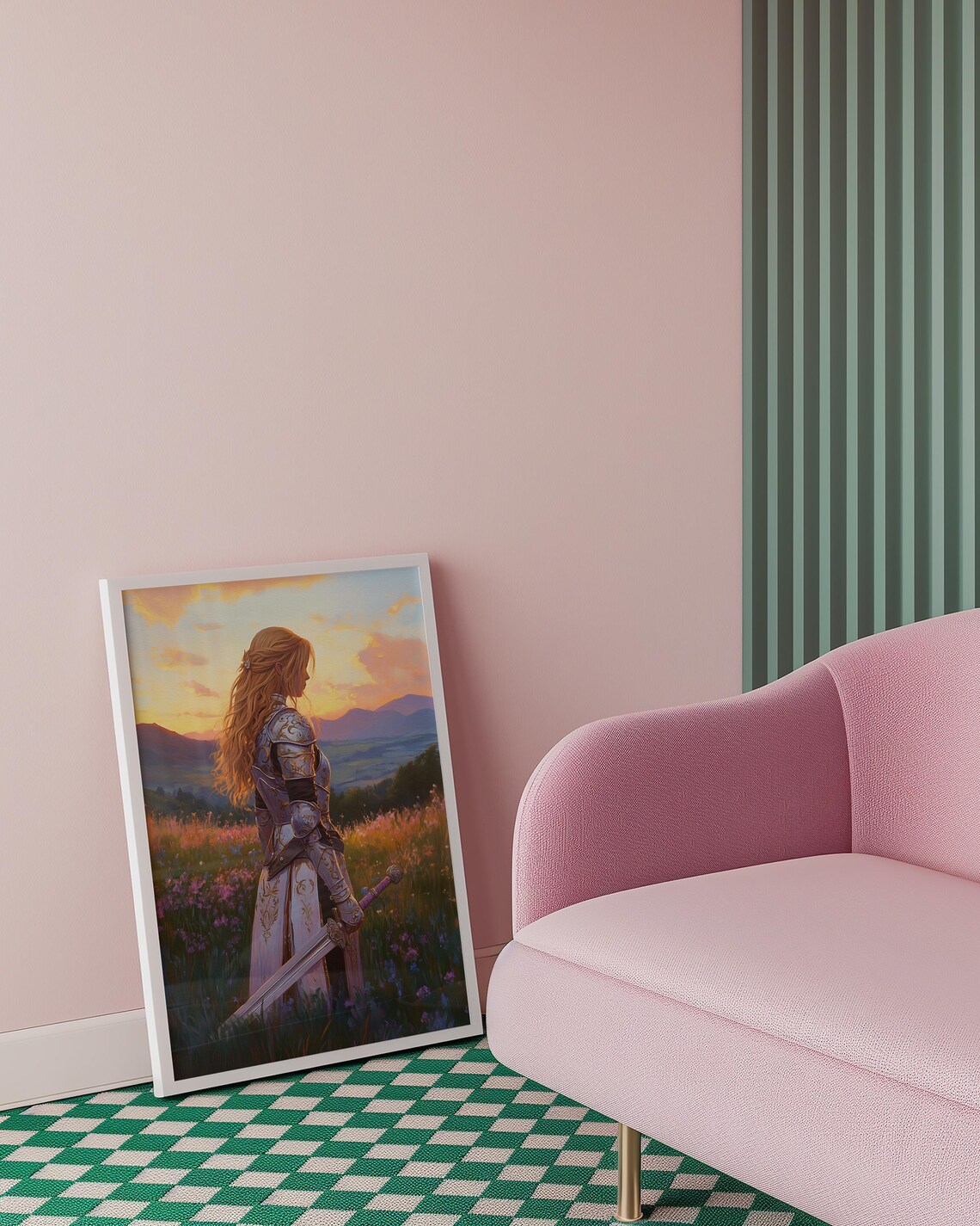 Female Knight Sunset Meadow Sword Fantasy Painting Pink Room Wall Poster - Image 2