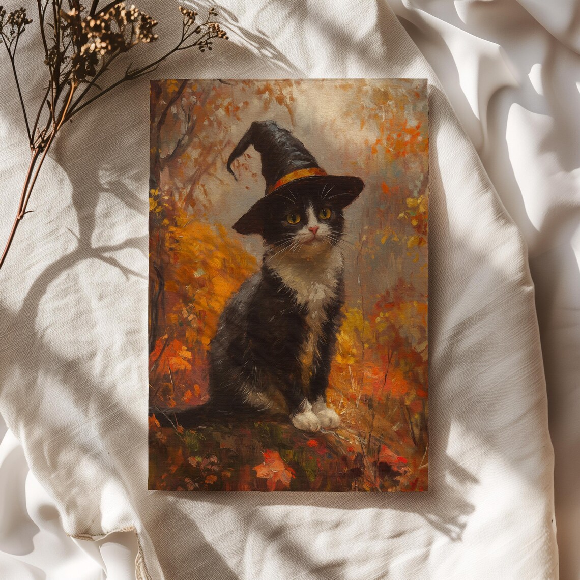 Tuxedo Cat in a Witch Hat Among Autumn Leaves Painting Poster - Image 2