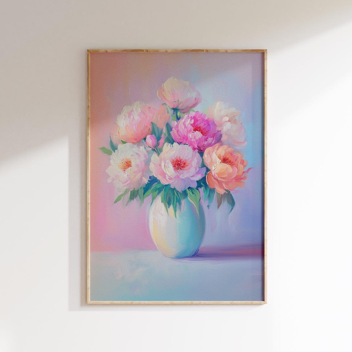 Pink and Peach Peonies in a White Vase Still Life Painting Poster