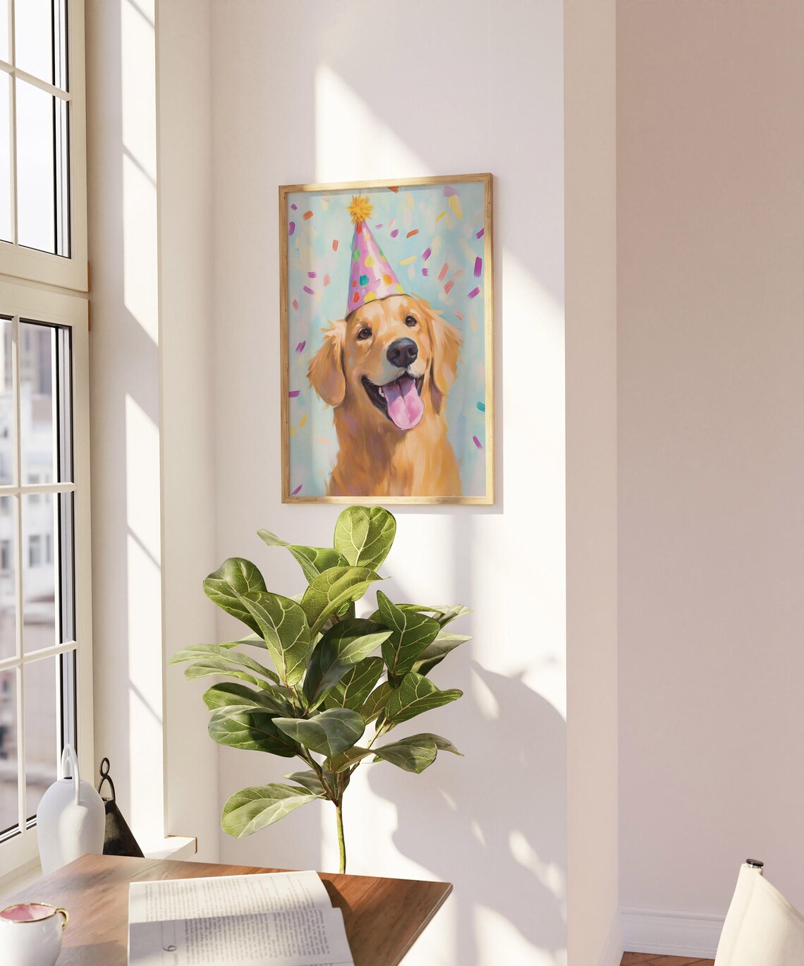 Golden Retriever with Party Hat Confetti Kids Room Dog Art Poster - Image 2