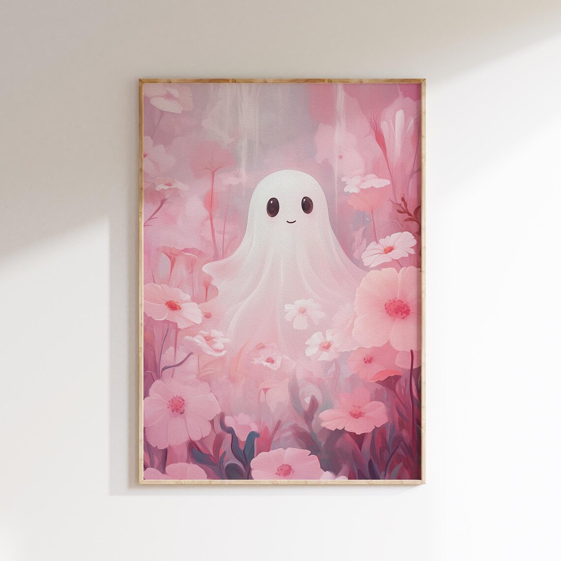 Cute Ghost Among Pink Flowers, Floral Ghost Print