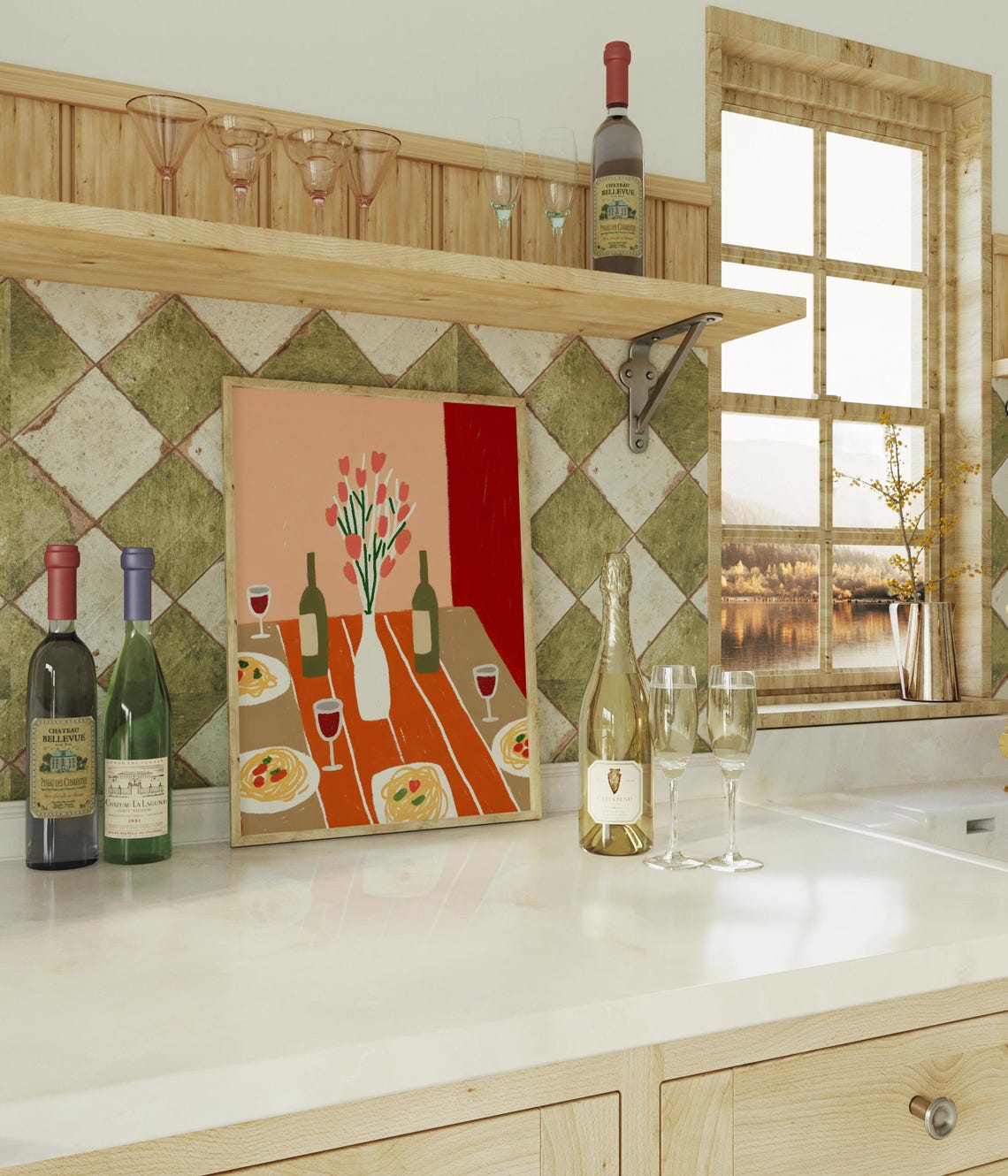 Hand Drawn Dinner Table Pasta Wine Bottles Italian Kitchen Wall Art - Image 2