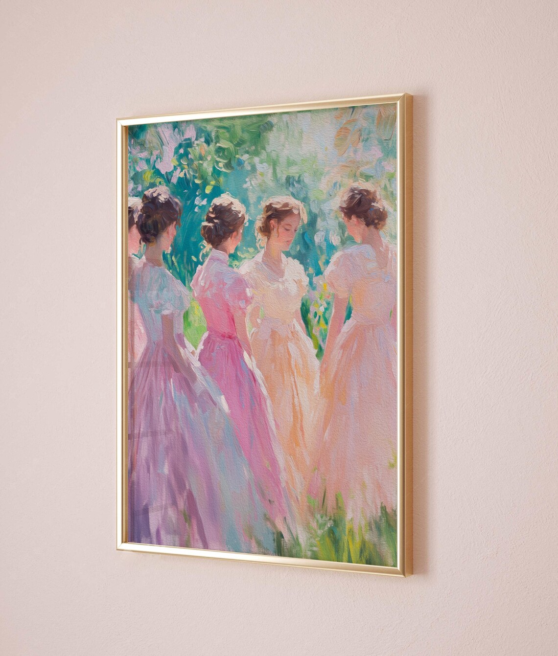 Girls in Pastel Dresses Gathering in a Sunny Garden Painting Poster - Image 2