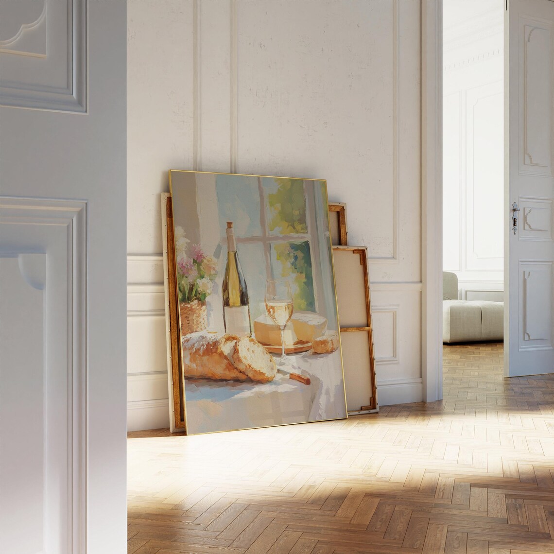 French Wine Bread Cheese Still Life Window Oil Painting Kitchen Art Poster - Image 4