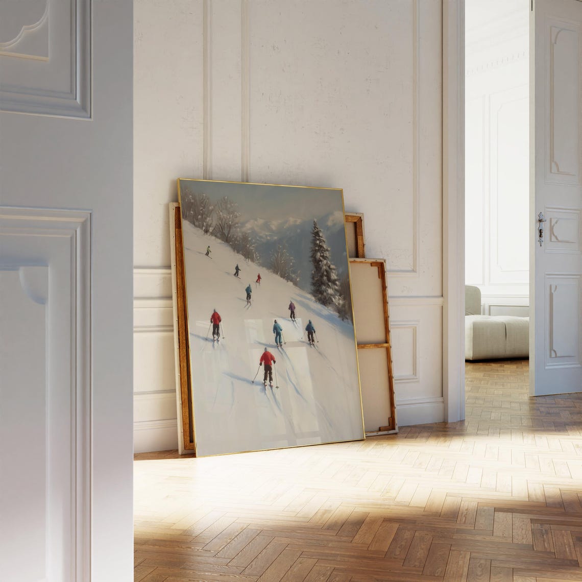 Tiny Skiers Gliding Down a Snowy Mountain Slope Painting Poster - Image 2