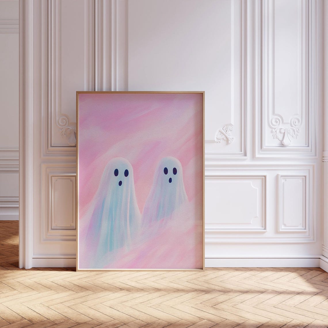 Soft Pastel Pink Ghosts Pair Cute Halloween Watercolor Art Print - Image 2
