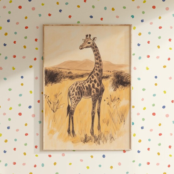 Nursery Giraffe Safari Beige Sketch Kids Room Animal Decor Poster
