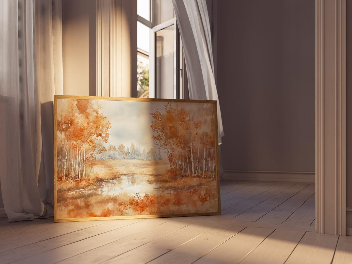 Golden Birch Trees Beside a Still Autumn Lake Watercolor Poster - Image 4