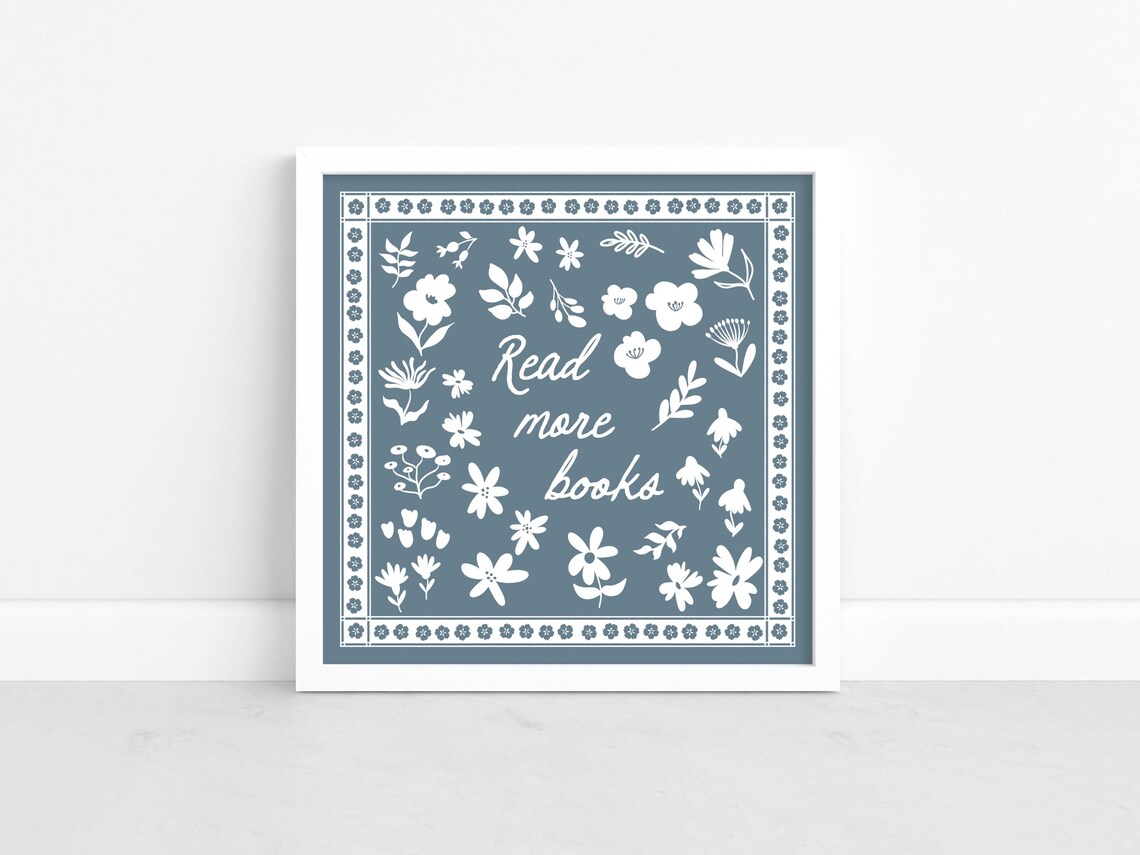Read More Books Floral Dusty Blue Book Lover Quote Square Wall Art - Image 4