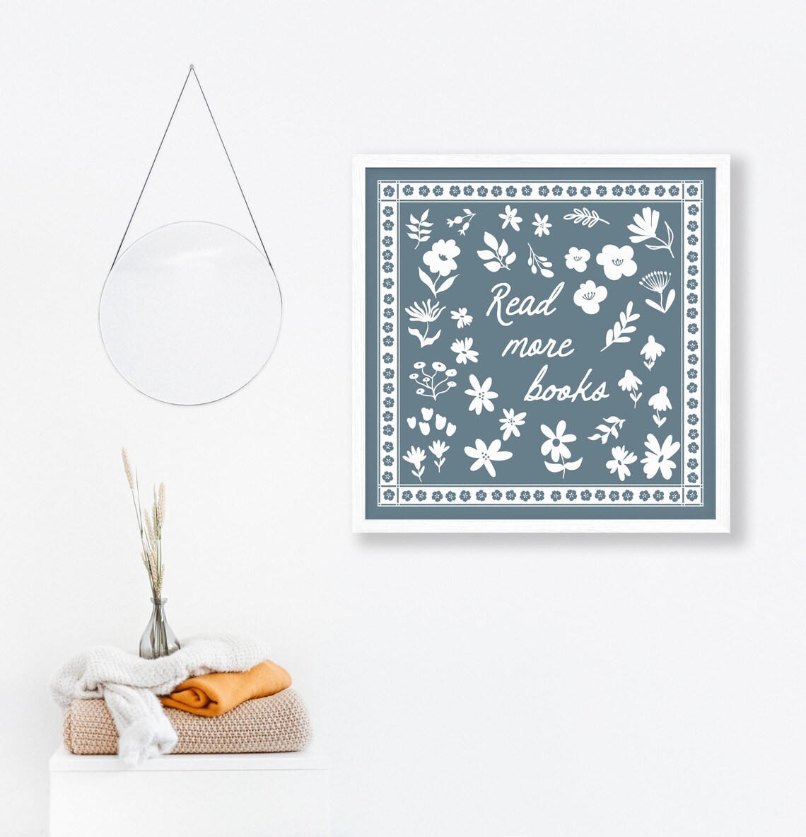 Read More Books Floral Dusty Blue Book Lover Quote Square Wall Art - Image 3