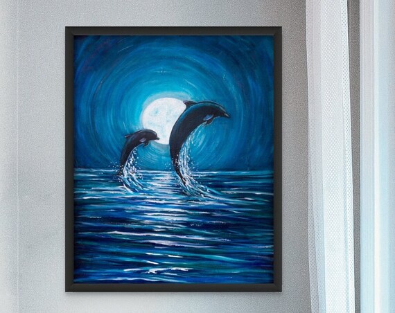 Dolphins Leaping Moonlight Painting Ocean Night Blue Waves Art Poster