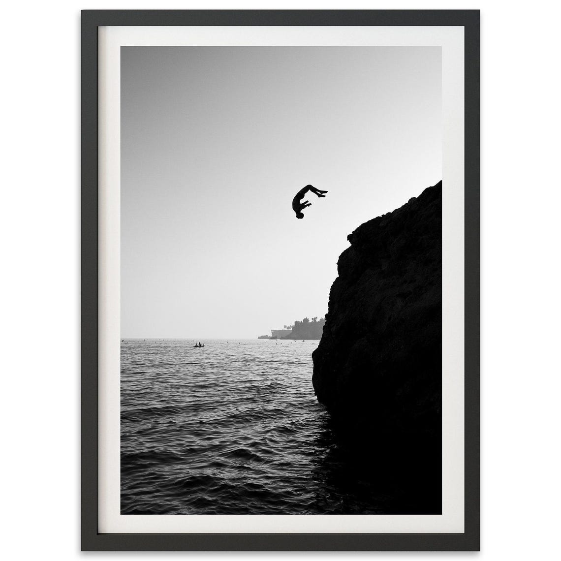 Cliff Jump Diver Silhouette Black And White Ocean Photography Poster