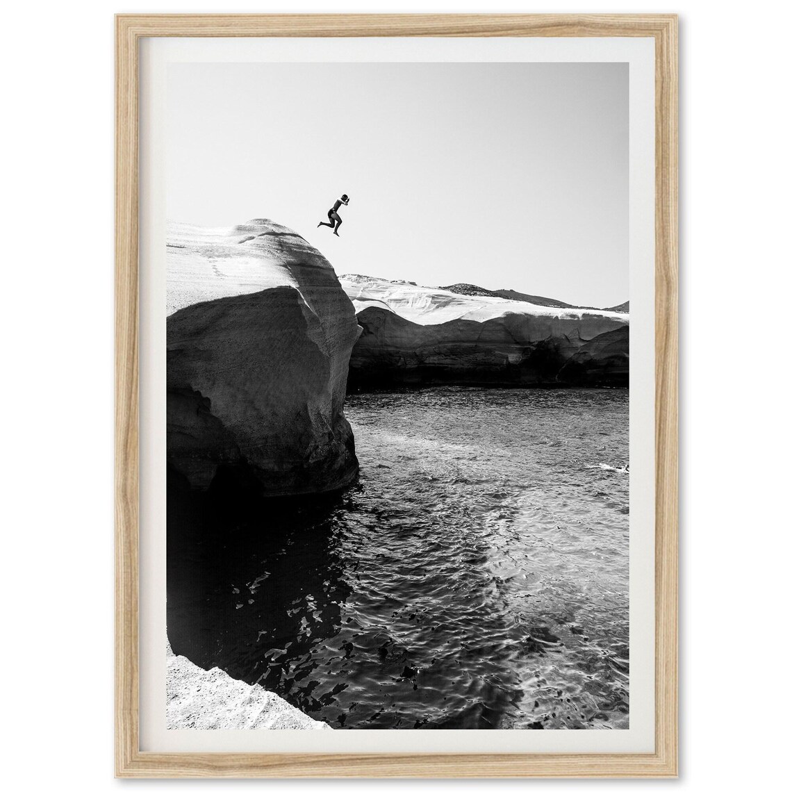 Black and White Ocean Cliff Jump Art Print