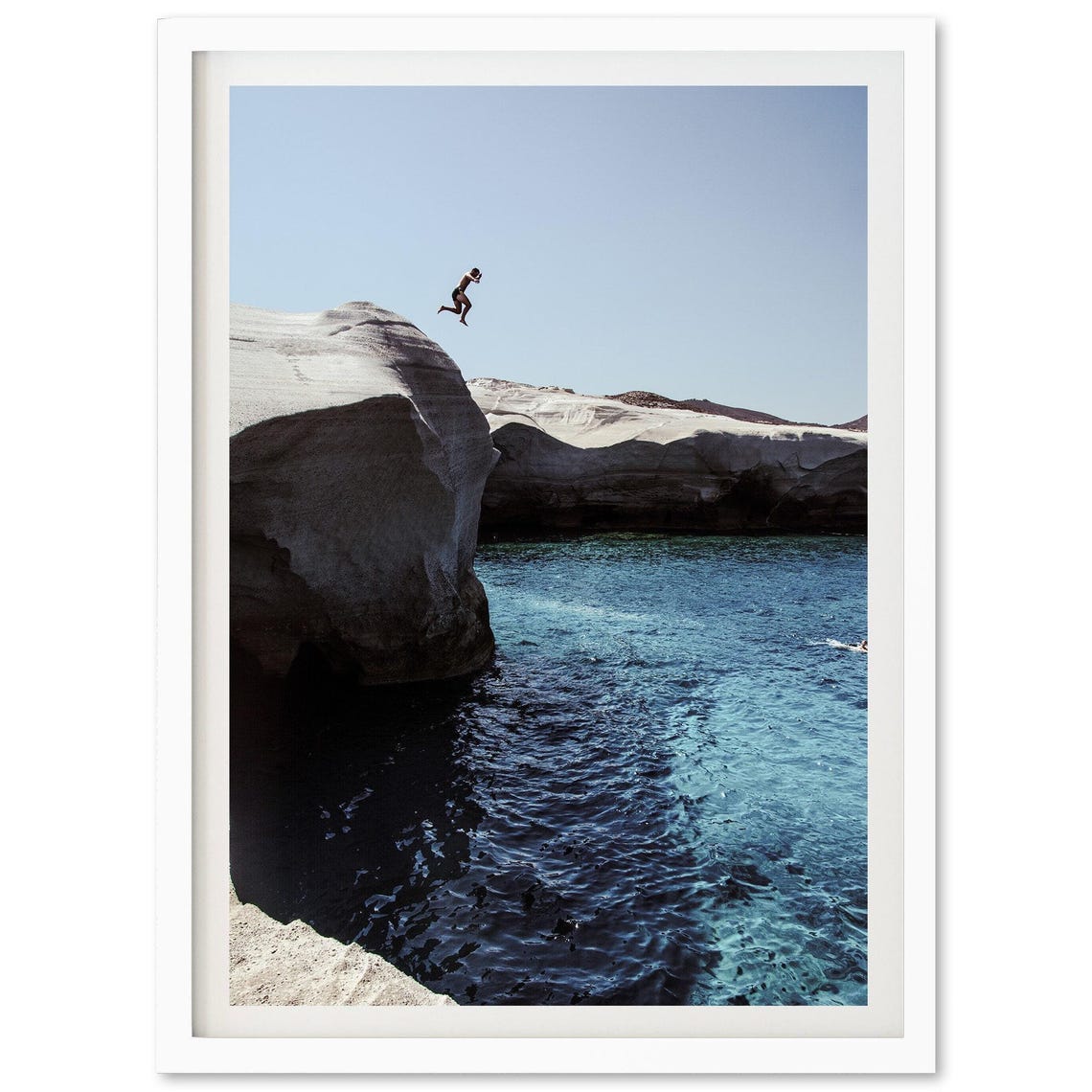 Cliff Diver Jumping into Turquoise Ocean Coastal Photography Poster