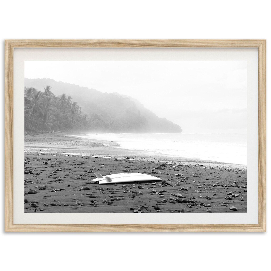 Black and White Surfboard on Misty Beach Surf Photo Art Print