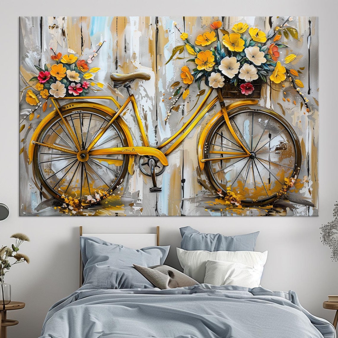 Yellow Bicycle Flowers Print Bike Wall Art Flower Print Vintage Farmhouse Wall Art Living Room Decor Print